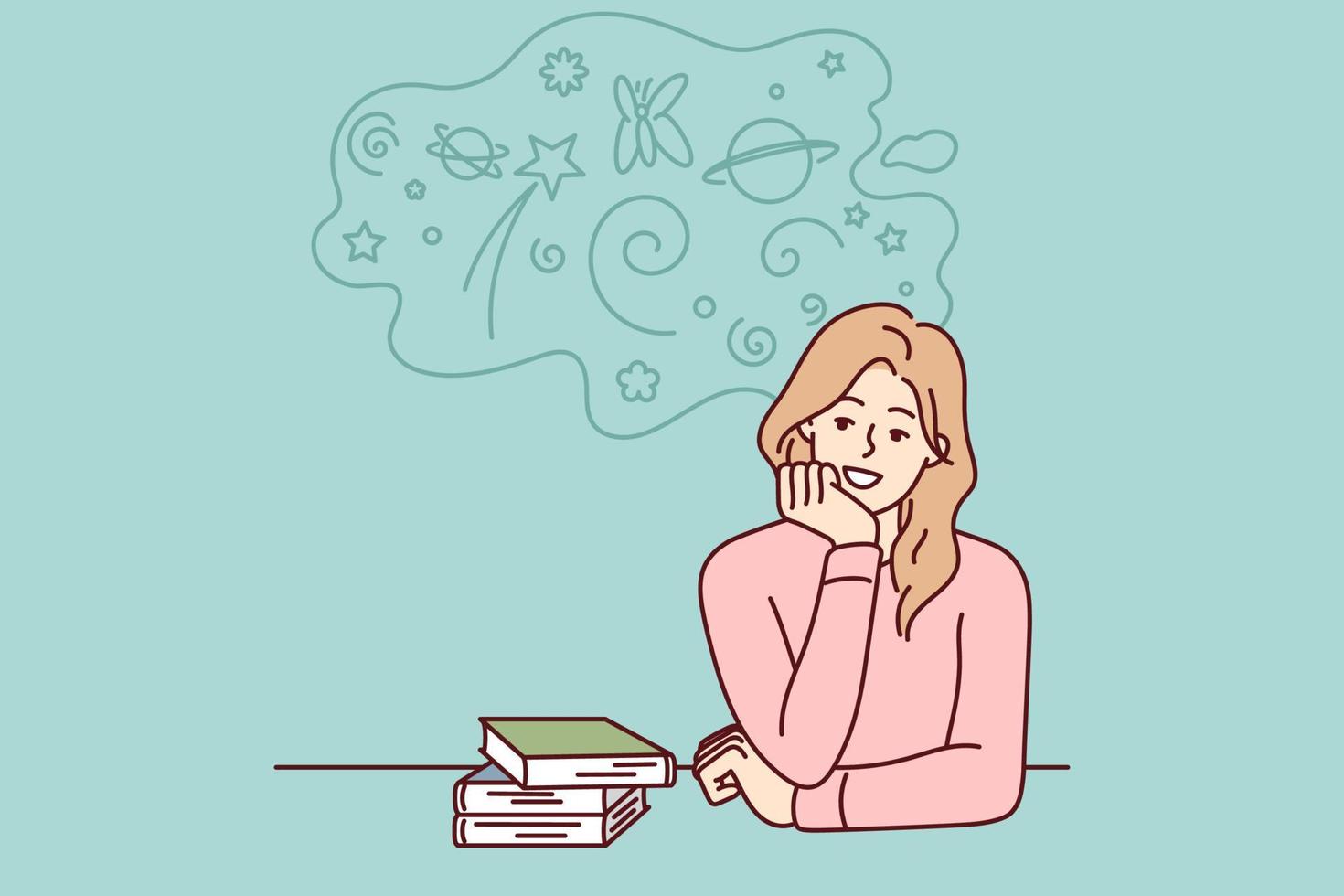 Carefree woman sitting at table with books resting chin on hand is distracted from preparing for exams. Student girl procrastinates and dreams during extracurricular work. Flat vector design