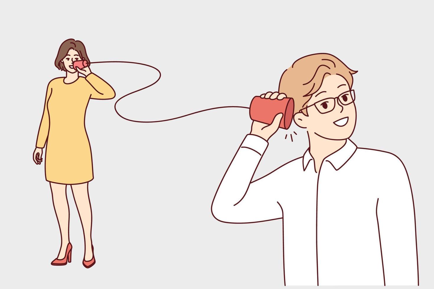Man and woman are talking using homemade phone made from rope and cups. Guy and girl share secrets and gossip communicate at distance using handmade telegraph. Flat vector illustration