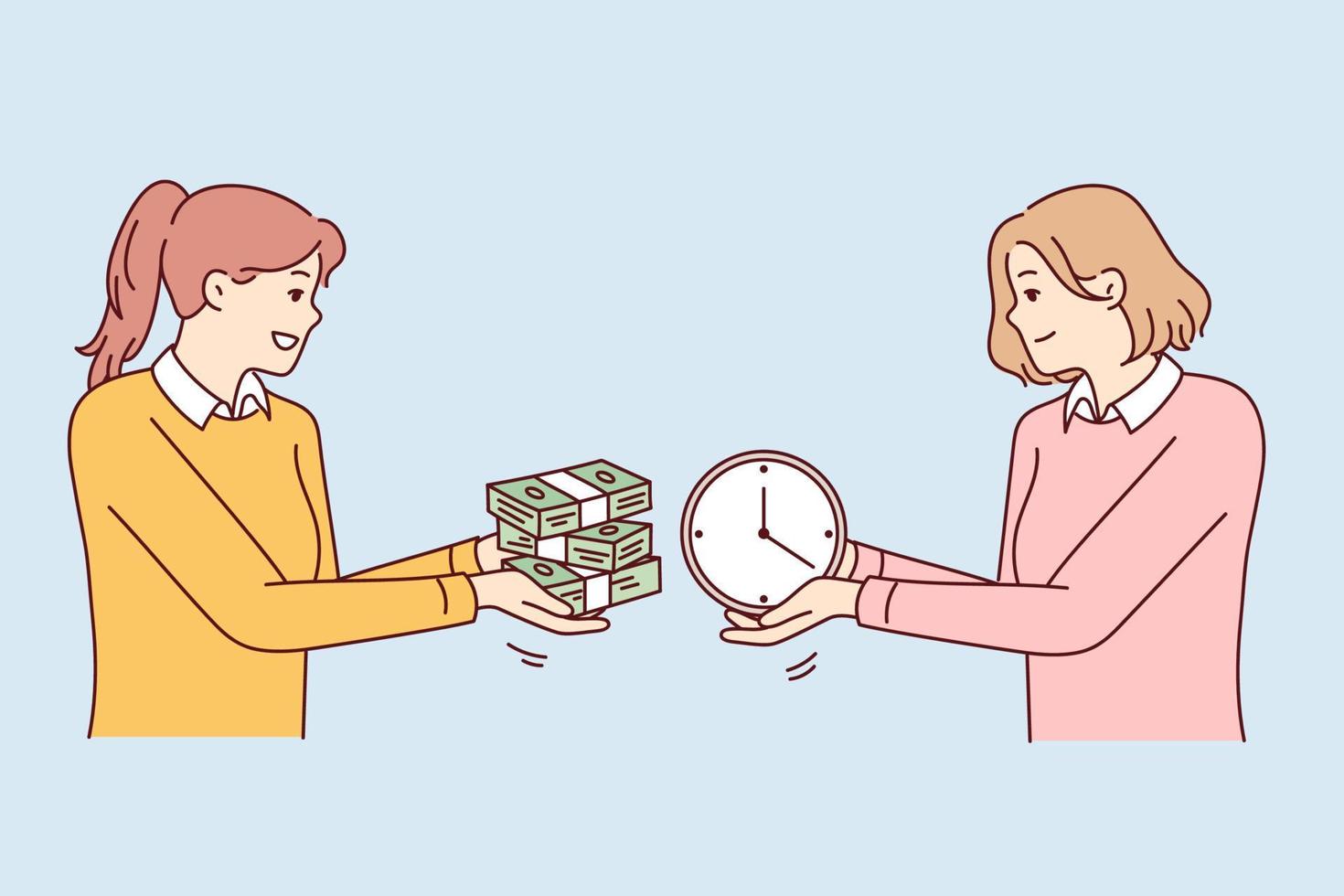 Two women exchange wads of money and watches, symbolizing purchase of free time or employment with hourly pay. Girl sells time in exchange for financial reward. Flat vector illustration