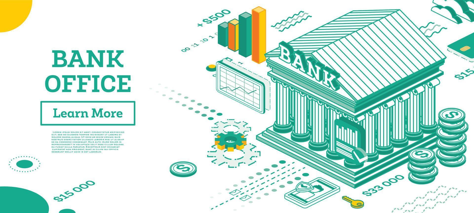 Bank Building. Outline Isometric View of Bank Exterior. vector