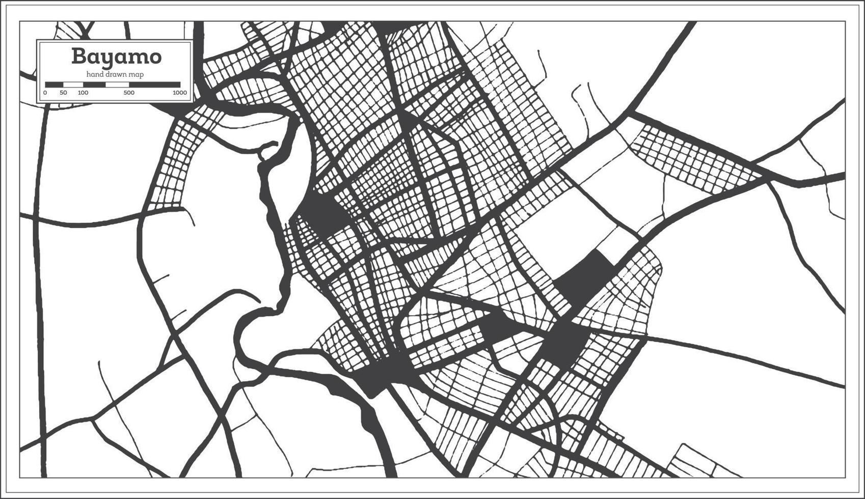 mapa de la ciudad de bayamo cuba en color blanco y negro en estilo retro. esquema del mapa. vector