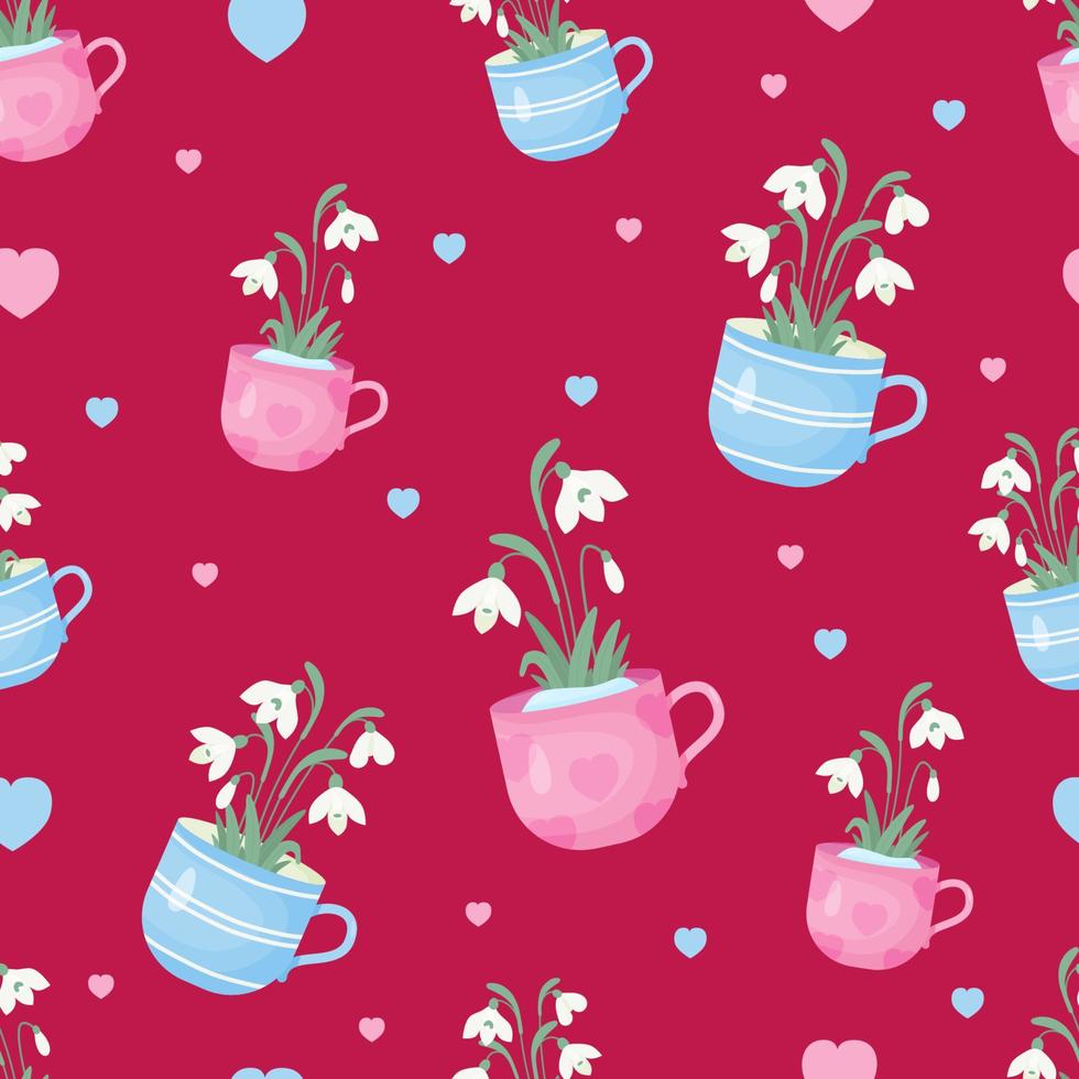 Floral seamless pattern. Bouquet of white snowdrop flowers in cup on magenta background. Vector illustration. Botanical pattern for decor, design, packaging, wallpaper, textile.