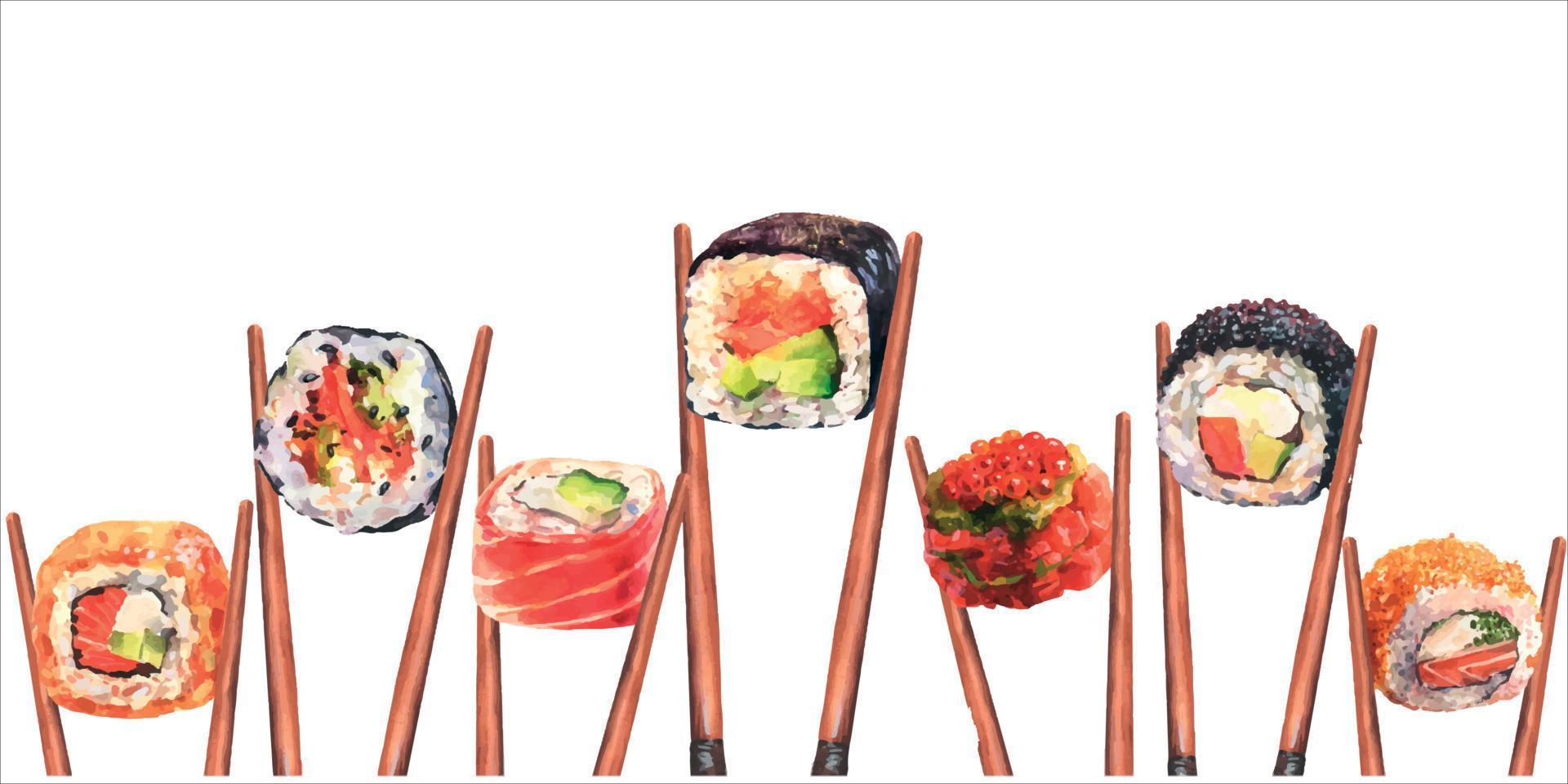 Watercolor horizontal flatlay composition with traditional Japanese sushi and chopsticks on white background. Flat lay, top view template for poster or card vector