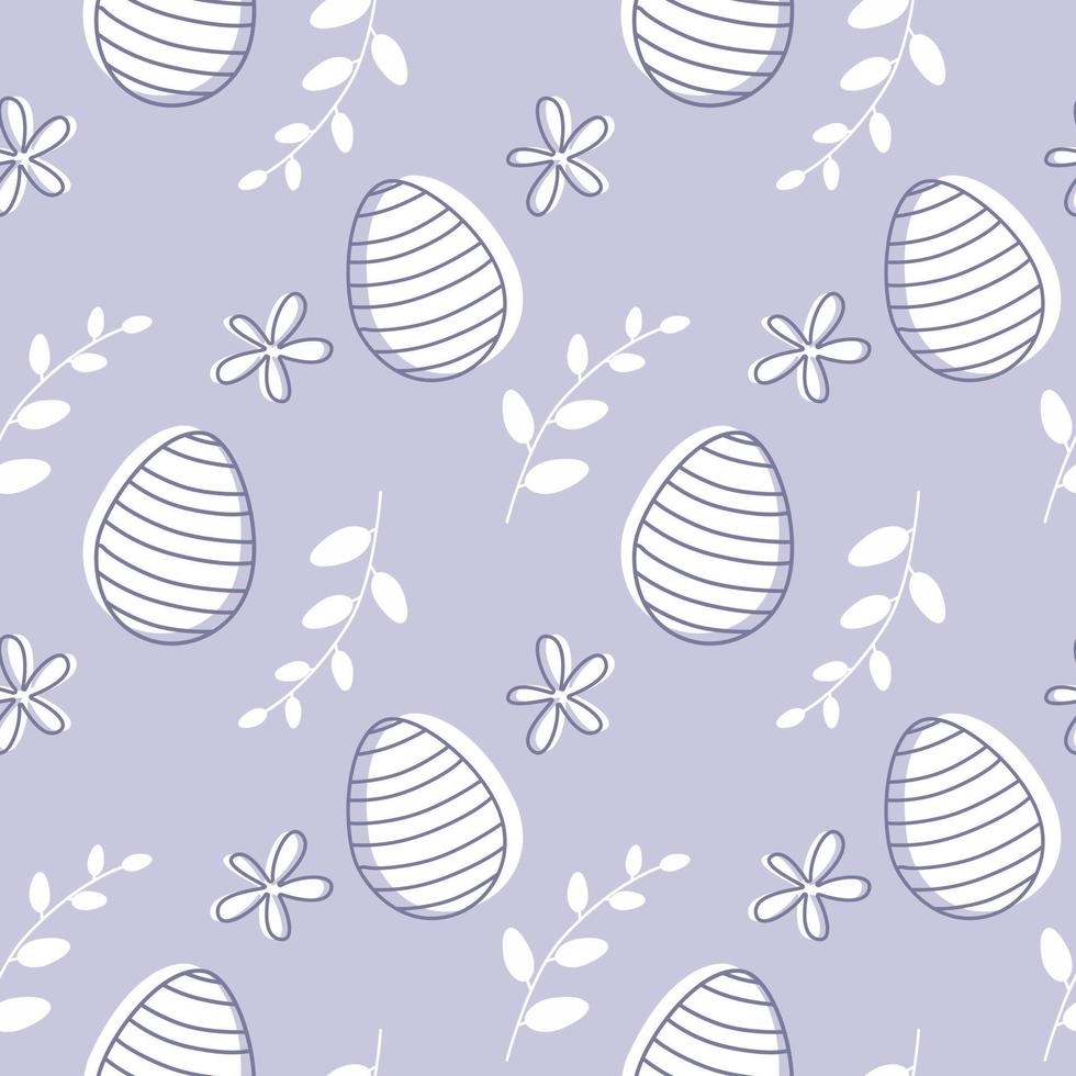 patrón sin costuras de huevos de pascua modernos con flores de primavera y hojas sobre fondo púrpura pastel. ilustración vectorial dibujada a mano. vector