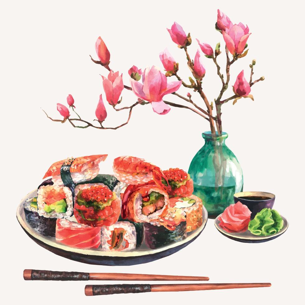 sushi de acuarela dibujado a mano en un plato de cerámica con palillos, wasabi, jengibre, salsa de soja y una rama de magnolia en un jarrón transparente, aislado en fondo blanco. diseño de alimentos vector