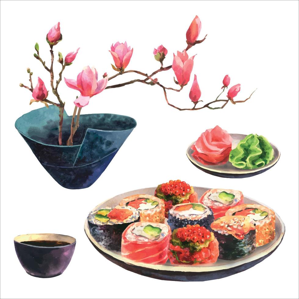 Watercolor illustration of sushi on a plate, ginger and wasabi, soy sauce and magnolia sprigs in a Japanese vase, a set of objects isolated on a white background vector