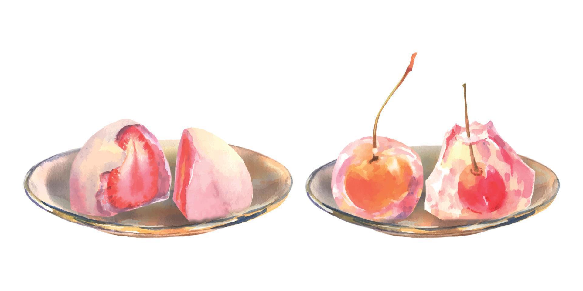 Watercolor japanese desert cherry jelli and strawberry daifuku on glass plate, isolate on white background. For menu desing. vector