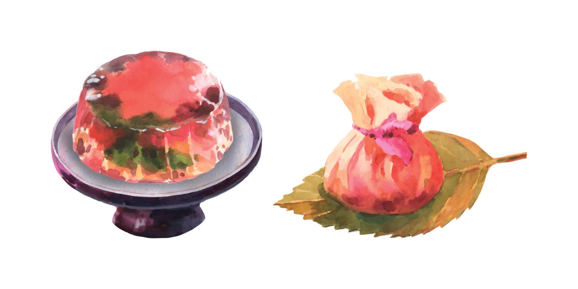 ilustración acuarela sakuramochi con envoltura de tela de té y cereza wagashi en plato de cerámica, dulces japoneses aislados en fondo blanco. vector