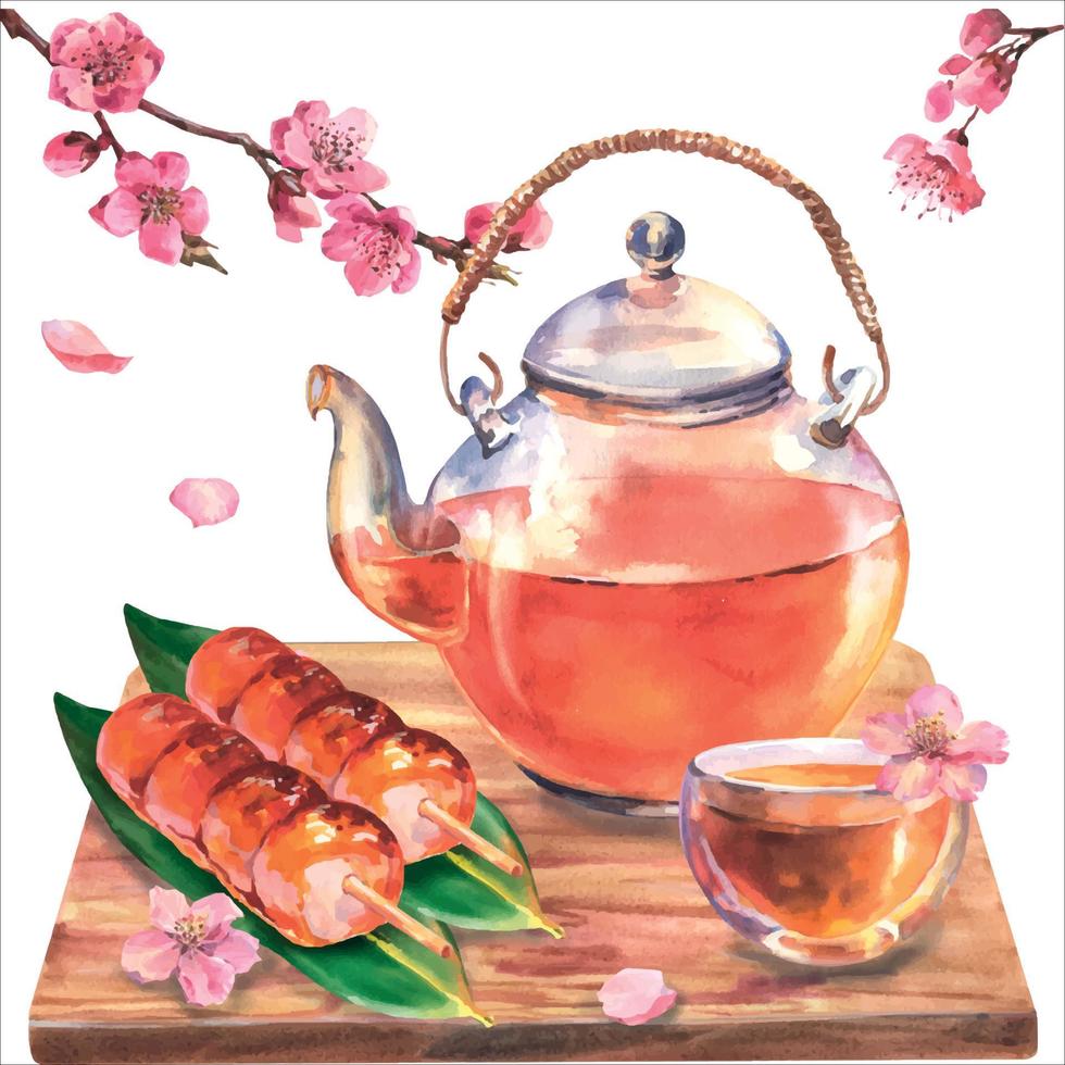 composición de té asiático acuarela con tetera transporante, taza de té, dango en hojas nory en tablero de madera y rama de sakura aislada sobre fondo blanco. vector