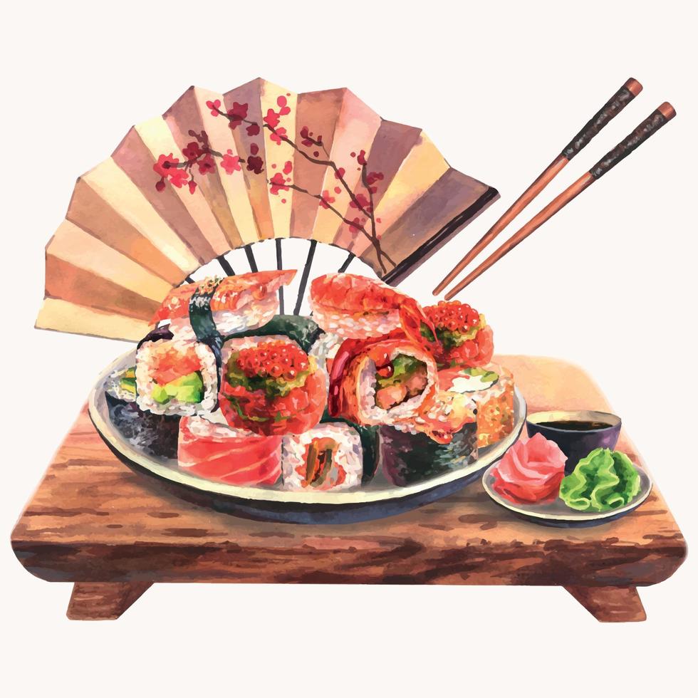 ilustración acuarela de un juego de sushi en un plato, jengibre, wasabi, salsa de soja, palillos y abanico japonés en una tabla de madera, aislado en un fondo blanco. vector