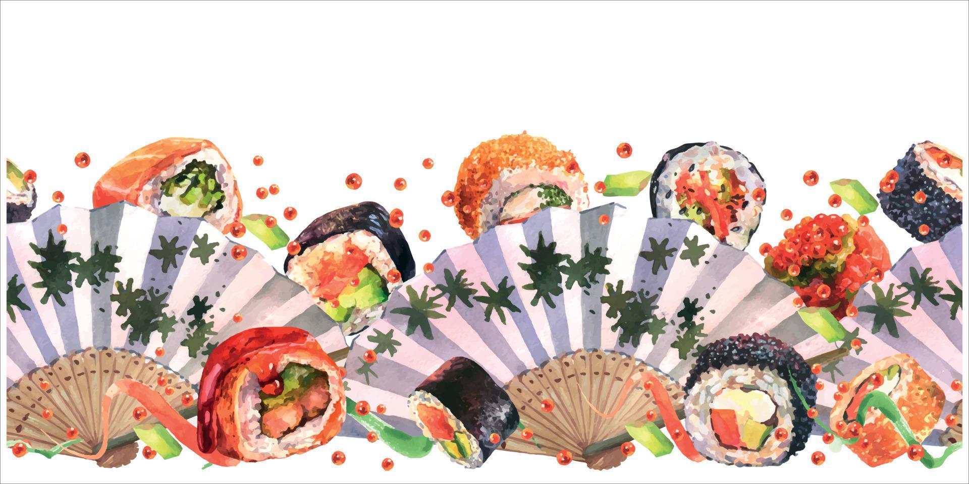 Watercolor horizontal flatlay composition with traditional Japanese fan, sushi, caviar, isolate on white background. Flat lay, top view template for poster or card vector