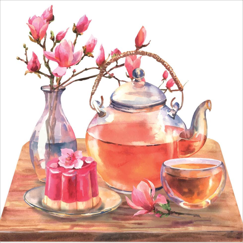 composición de té asiático acuarela con tetera transporante, taza de té, daifuku de japón y rama de magnolia en jarrón transporante sobre mesa de madera aislada sobre fondo blanco. vector