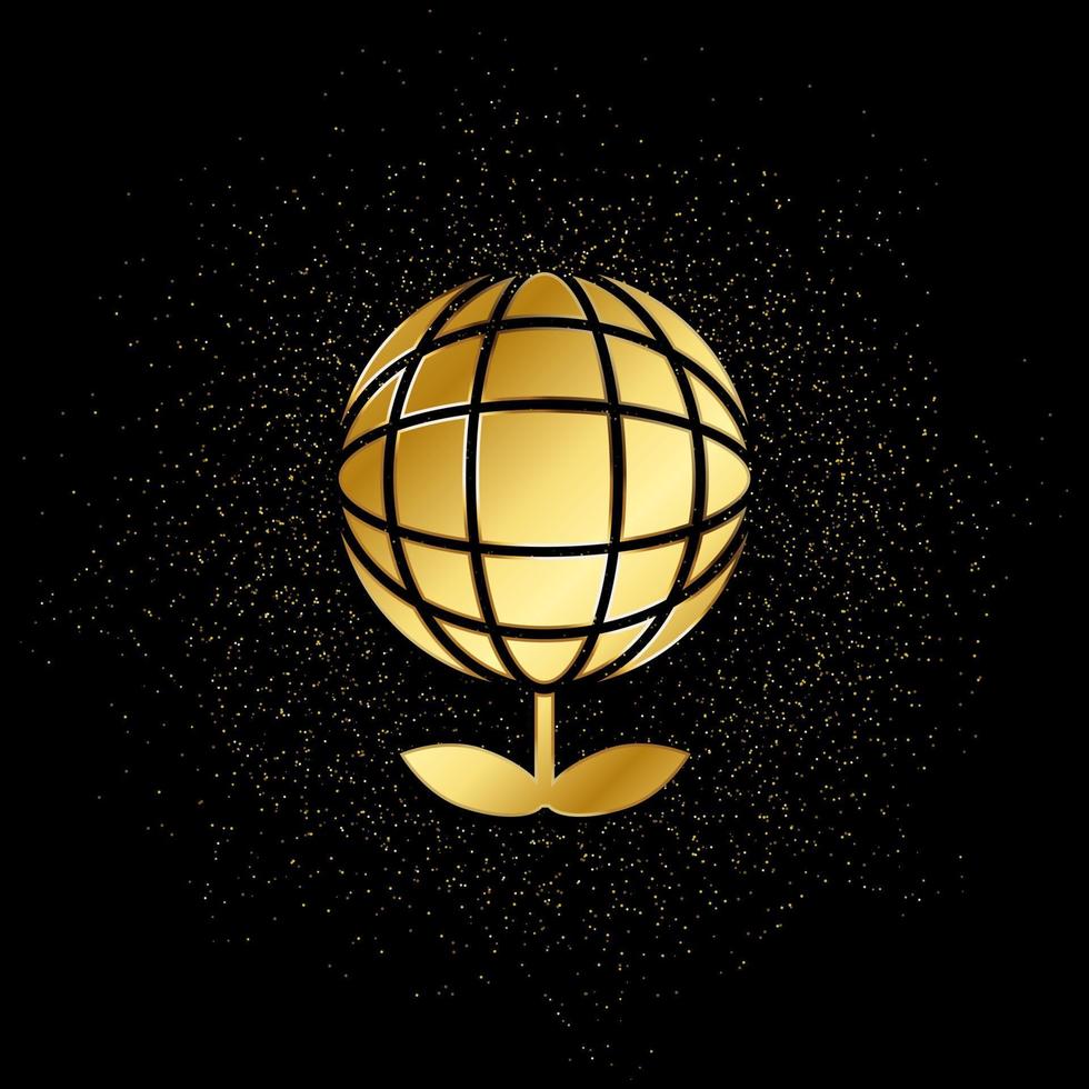 Ecology, globe, plant gold icon. Vector illustration of golden particle background. Gold vector icon