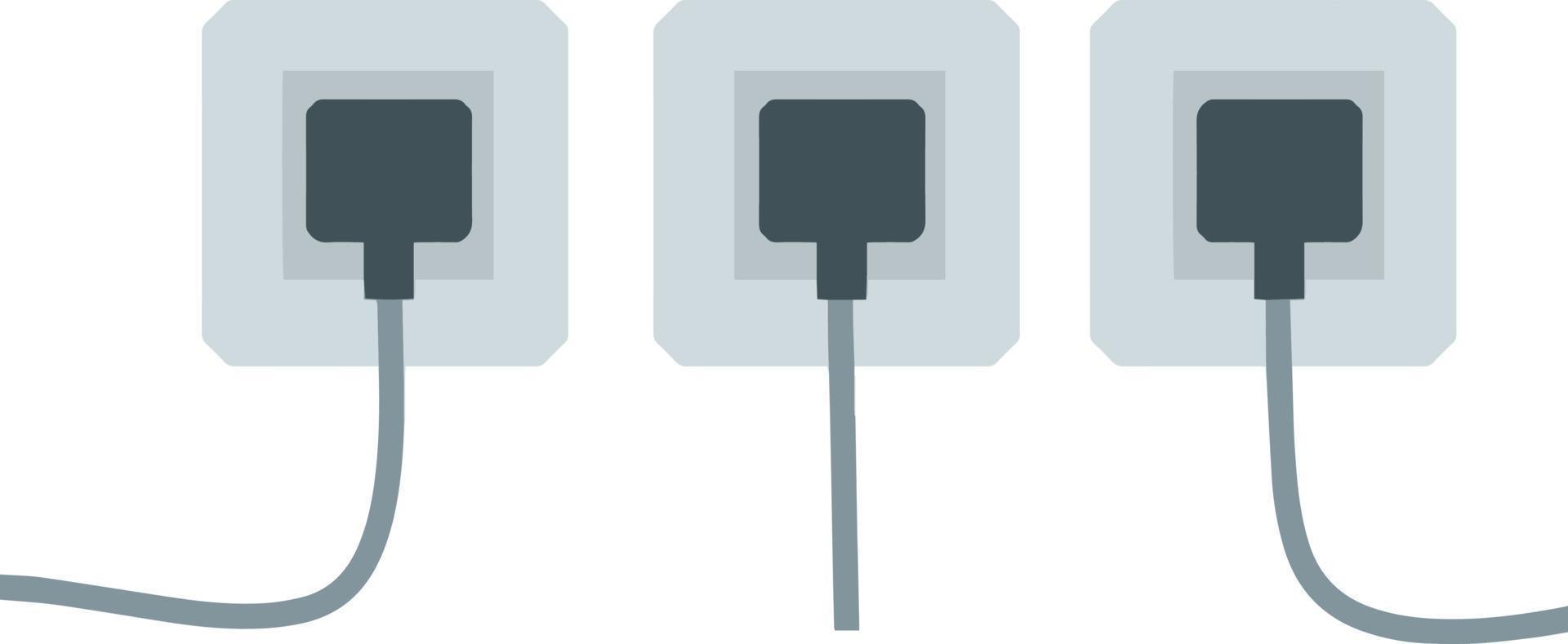 Many outlets to plug with wires. load on system. Cartoon flat illustration vector