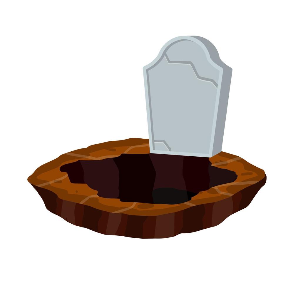 lápida de piedra se encuentra en el suelo con tumba. celebración de halloween. cráneo en piedra. detalle cementerio. musgo en monumento. ilustración de dibujos animados vector