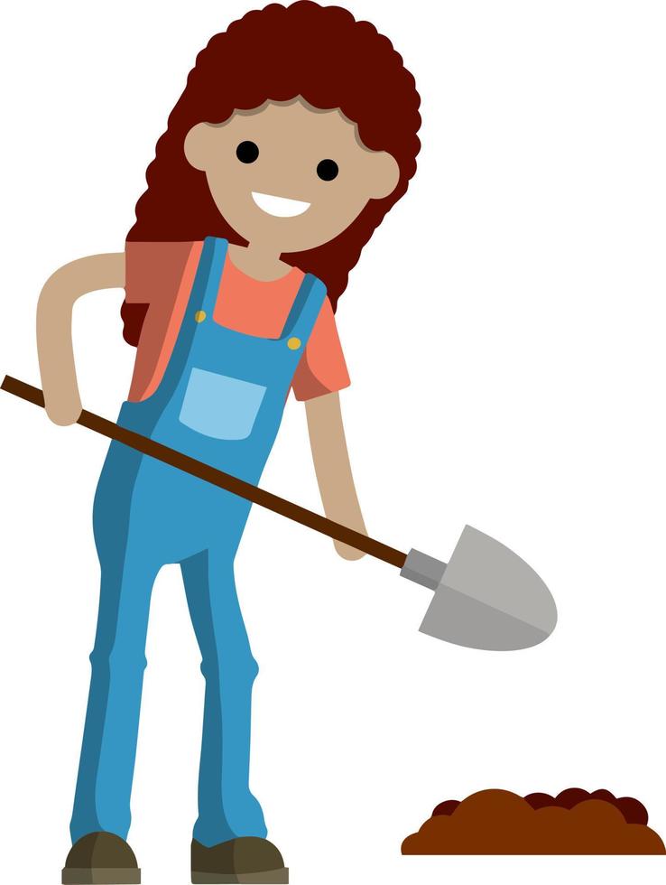 Woman farmer with shovel dig ground bed. countryside worker in jumpsuit. The girl in village. vector