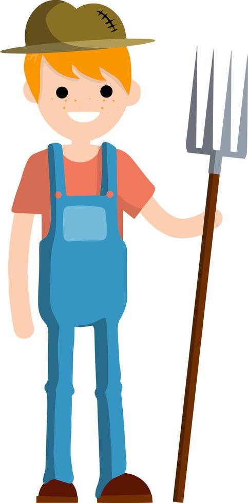 Man farmer in overalls with fork in hands. Rural type of work. Production of natural food in the village. Guy in hat with tools. Cartoon flat illustration vector