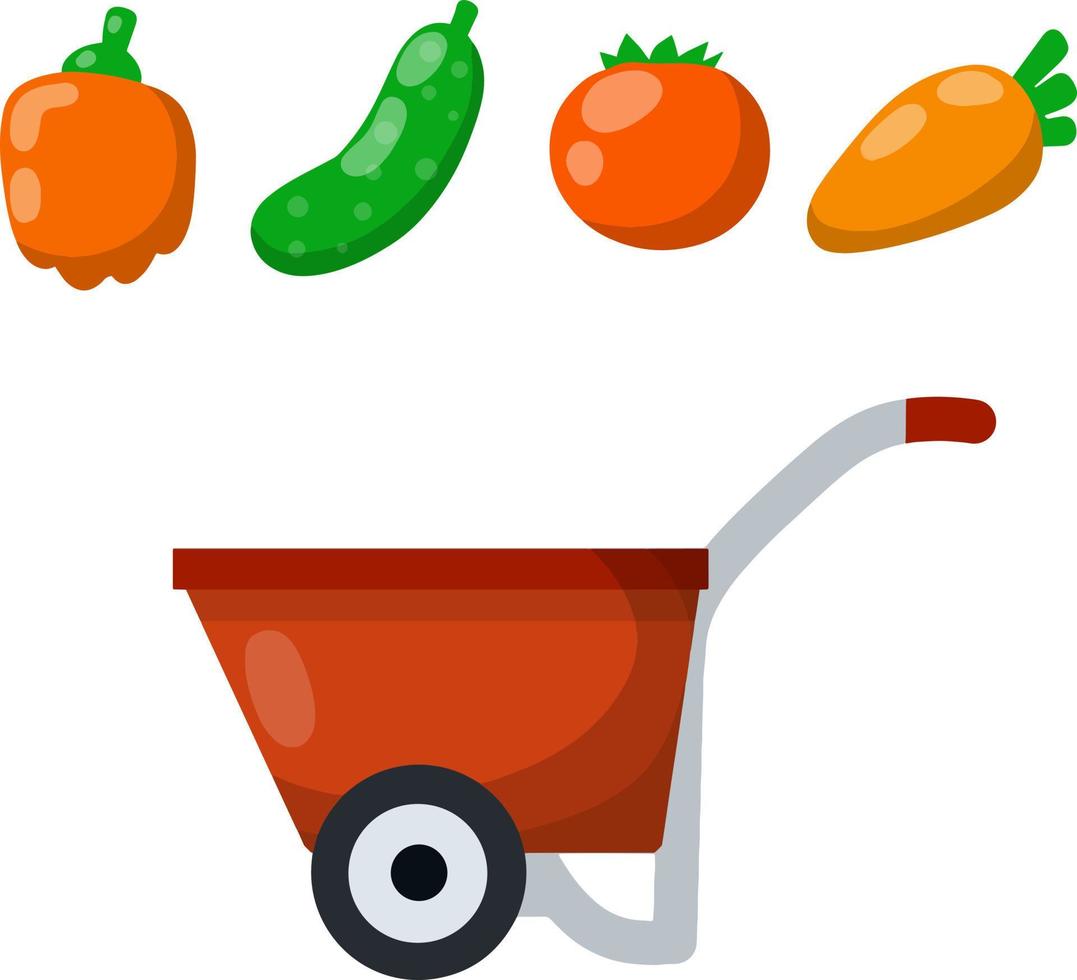 Red farmer cart with vegetables. Pepper, tomato, carrot, cucumber. Fresh food and harvest. Rustic element and red wheelbarrow. Cartoon flat illustration vector