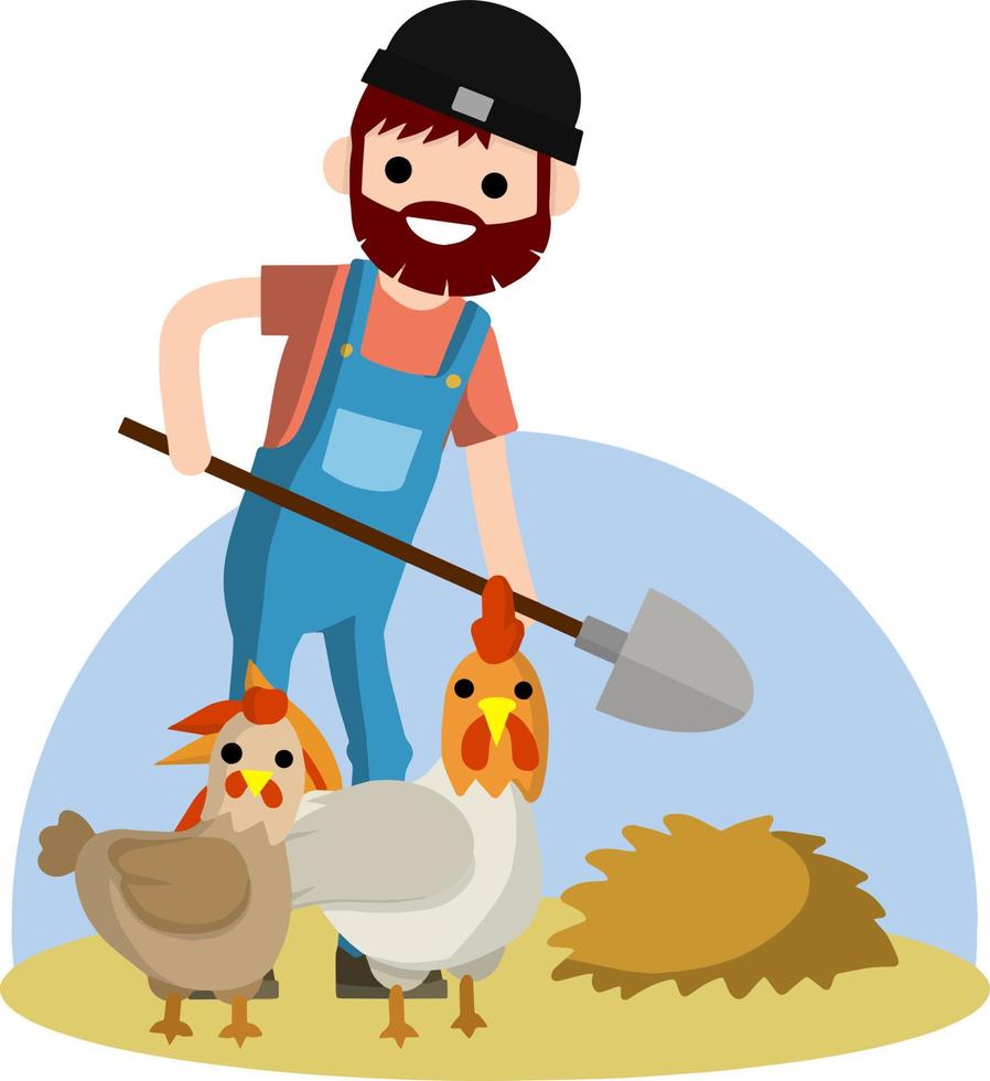 Man farmer with shovel dig ground bed. Countryside worker in jumpsuit. Kind of profession. Spring planting. Organic food. The boy in the village. Cartoon flat illustration vector