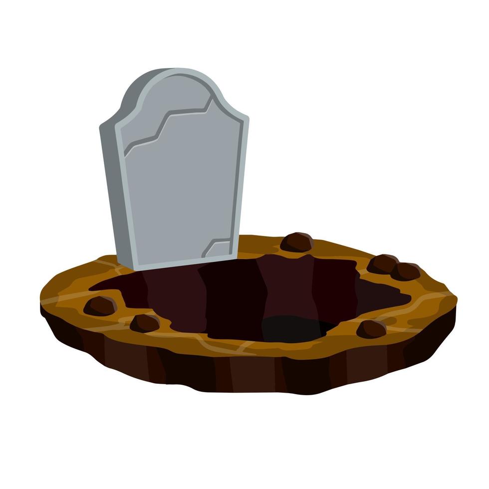 Stone tombstone stands on ground with grave. Celebration of Halloween. Skull on stone. Detail cemetery. Moss on monument. Cartoon illustration vector