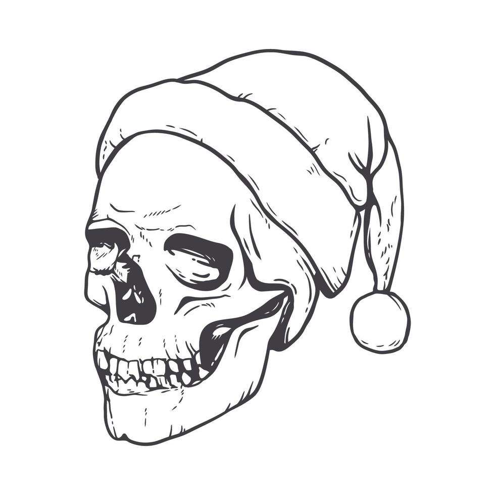 Hand drawn Santa Claus skull. Line art drawing vector