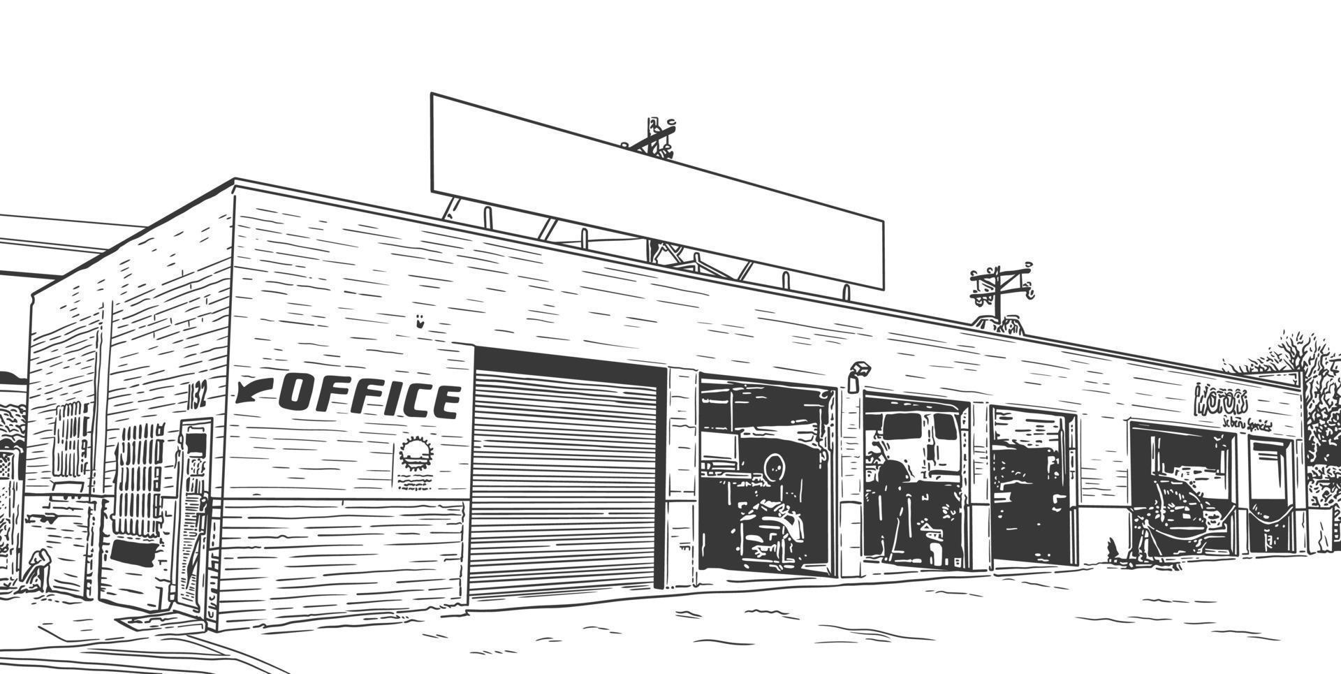 Retro workshop front view. Vector line art illustration