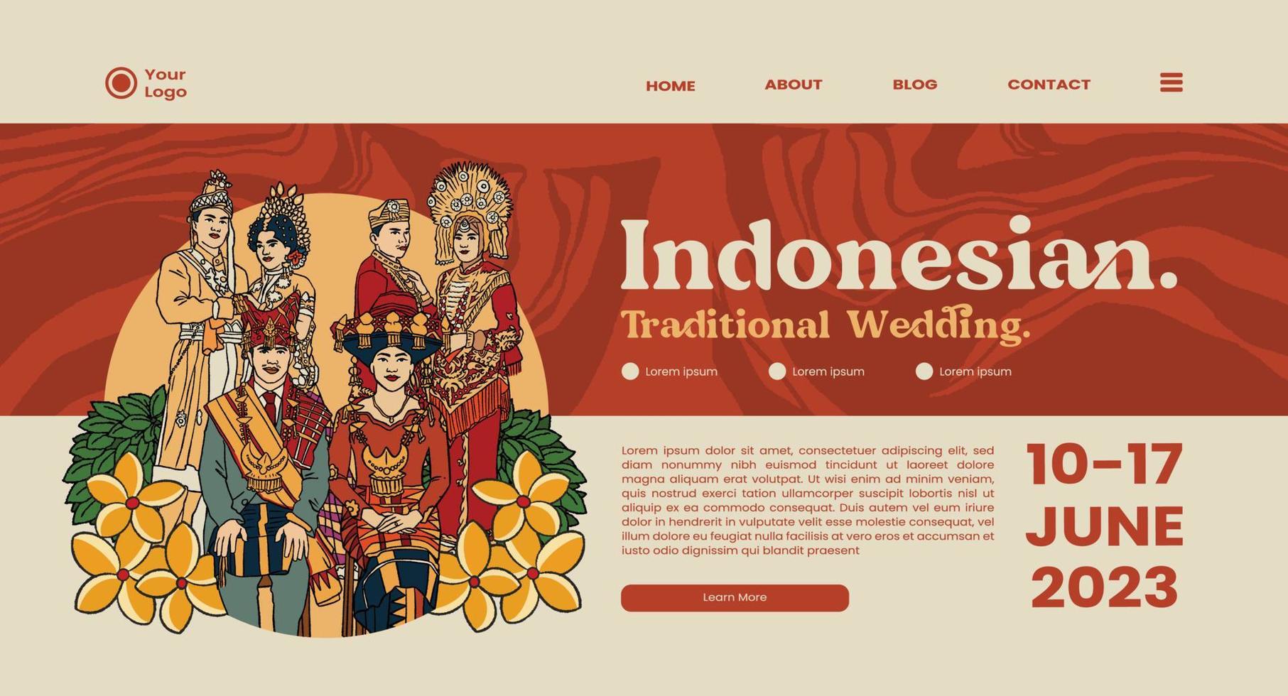 diseño de interfaz de usuario de boda tradicional indonesio aislado ilustración dibujada a mano en bataknese, minangnese y bugisnese vector