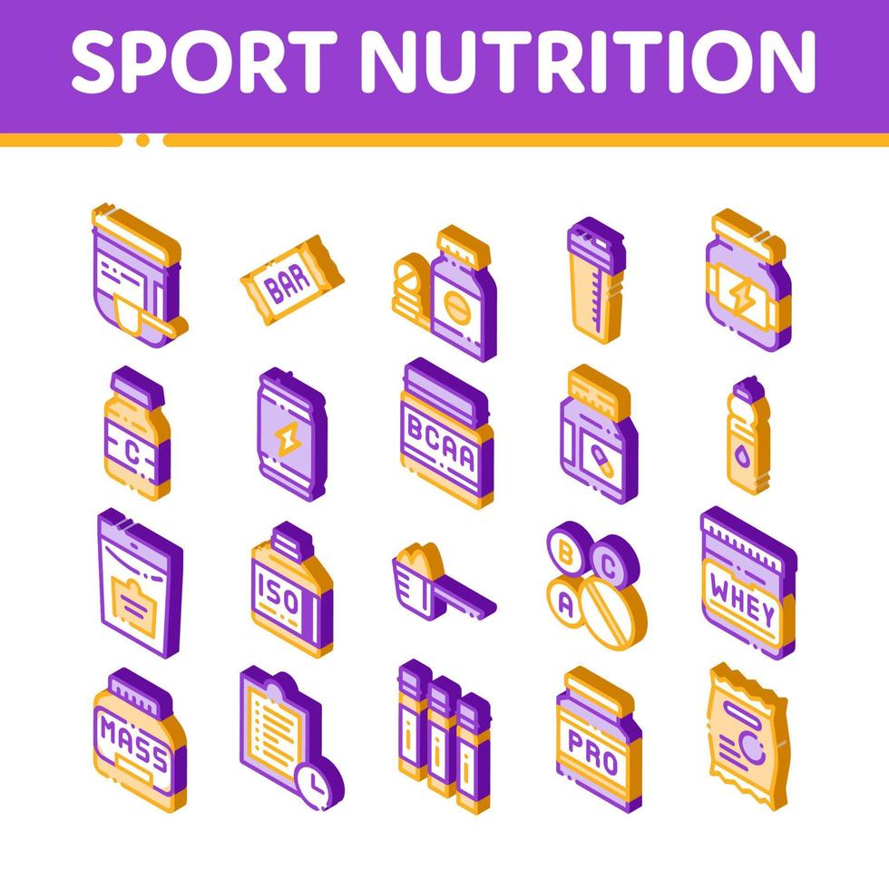 conjunto de iconos isométricos vectoriales de células de nutrición deportiva vector