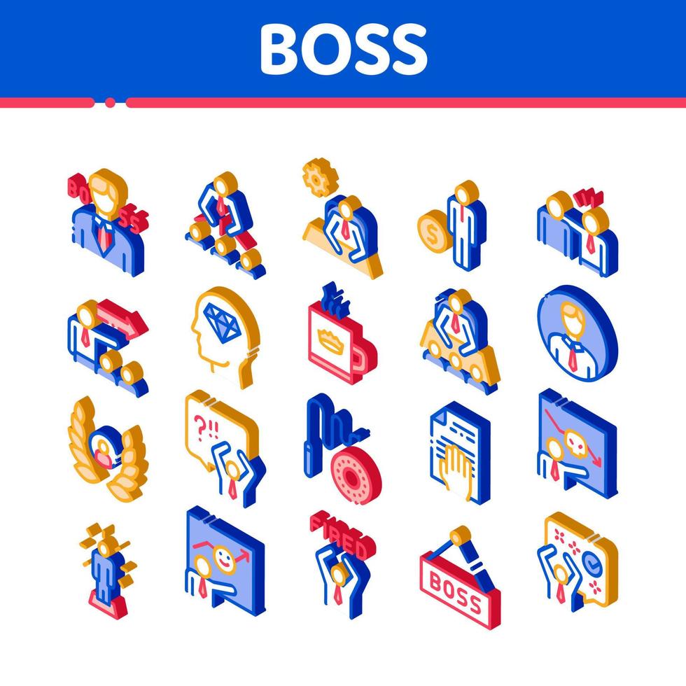 Boss Leader Company Isometric Icons Set Vector