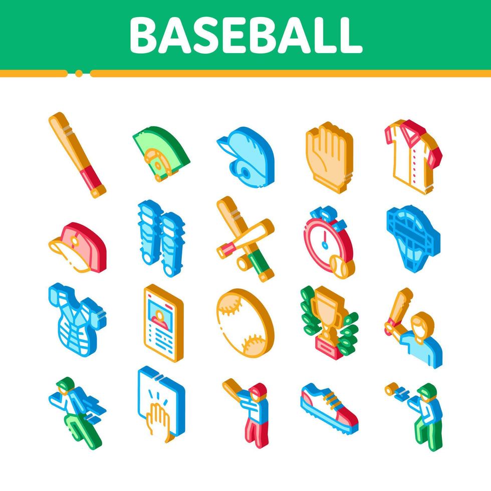 herramientas de juego de béisbol conjunto de iconos isométricos vector