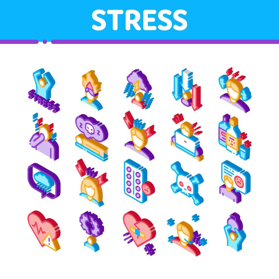 Stress And Depression Isometric Icons Set Vector