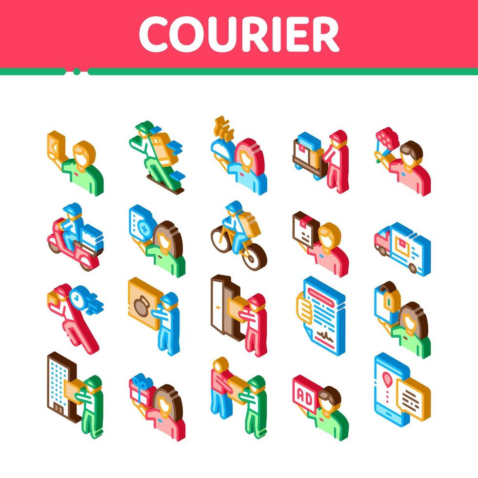 Courier Delivery Job Isometric Icons Set Vector