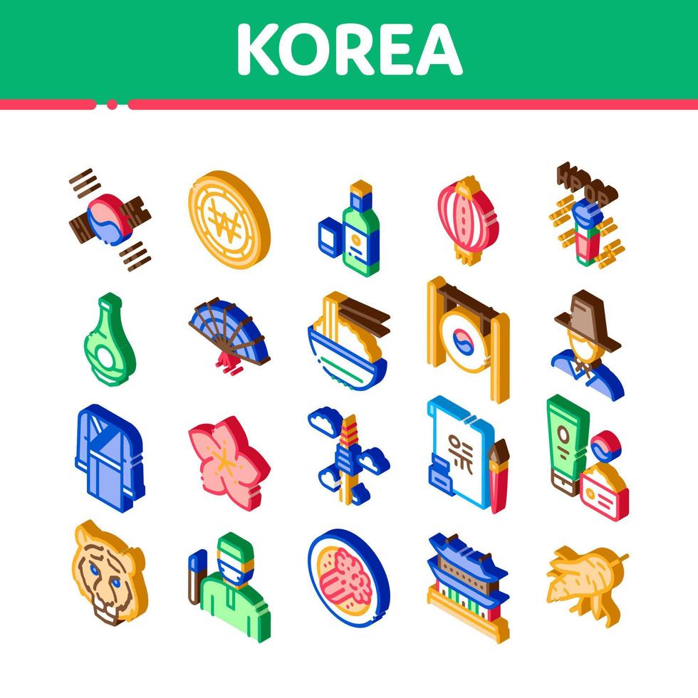 Korea Traditional Isometric Icons Set Vector