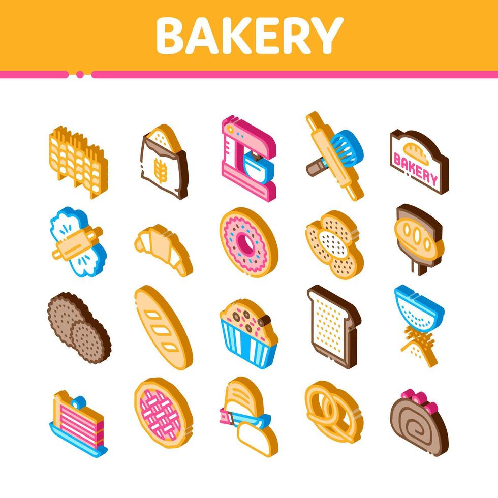 panadería comida sabrosa iconos isométricos establecer vector