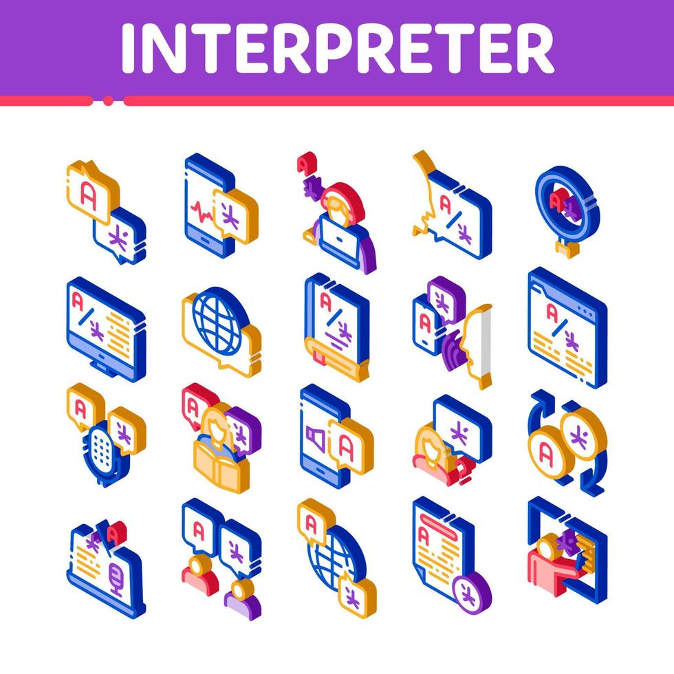 intérprete traductor conjunto de iconos isométricos vector