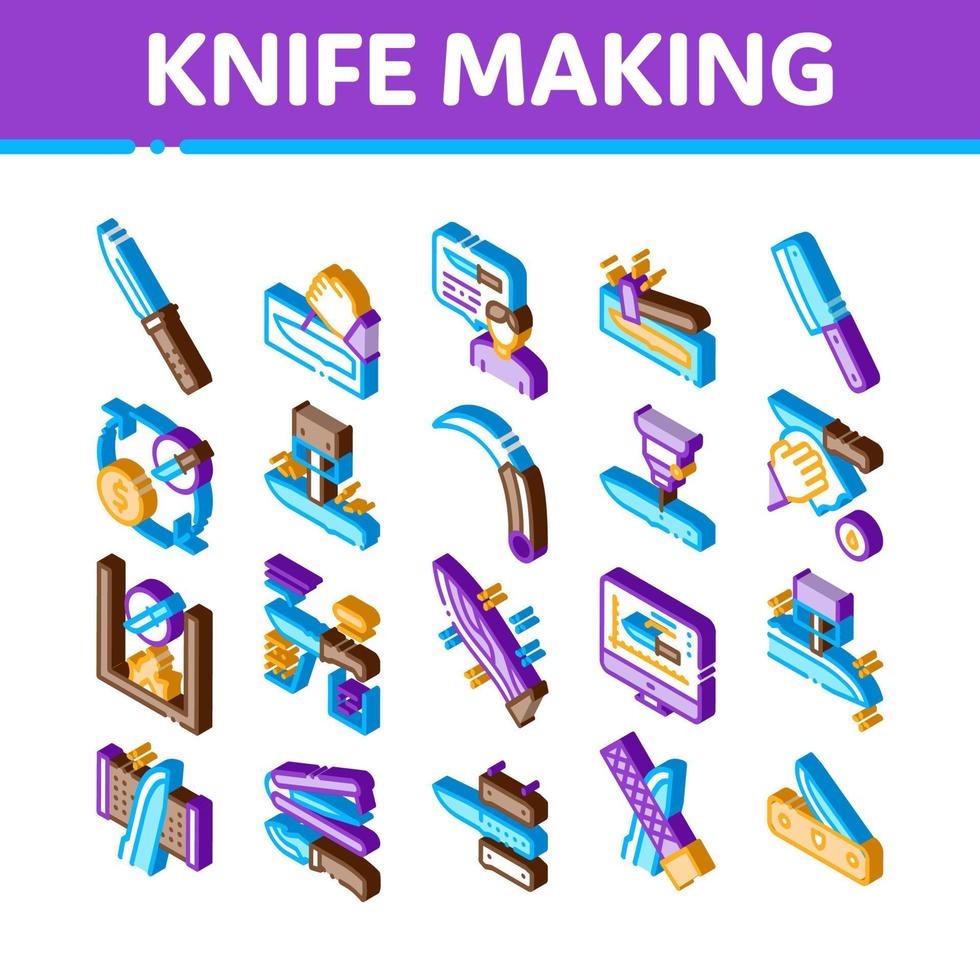 Knife Making Utensil Isometric Icons Set Vector