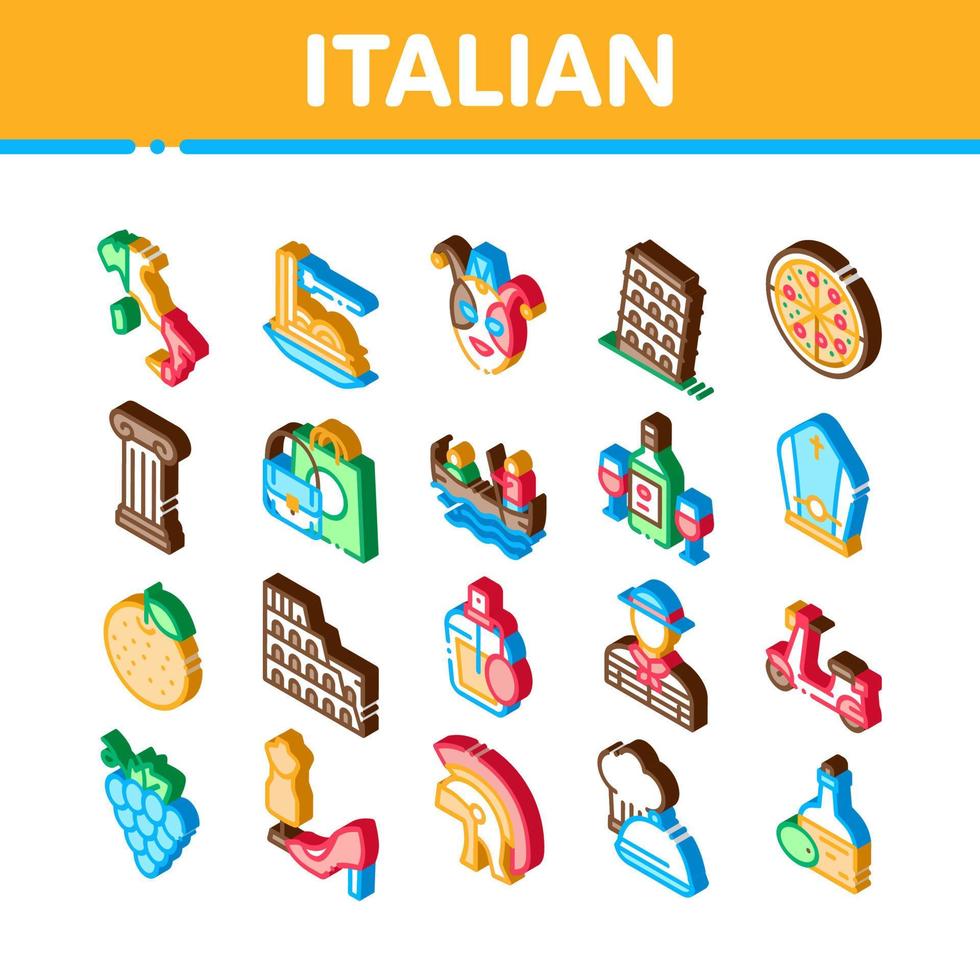 Italian Traditional Isometric Icons Set Vector