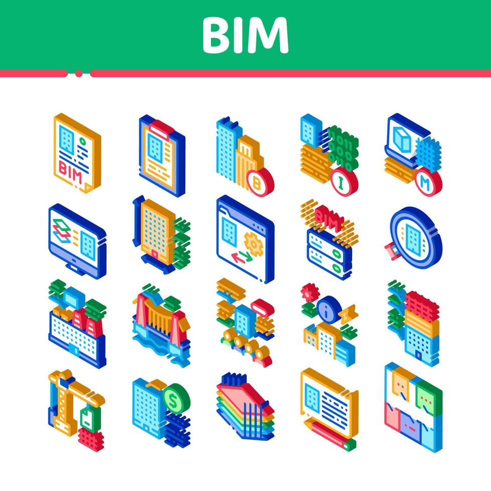 bim edificio información modelado isométrico iconos conjunto vector