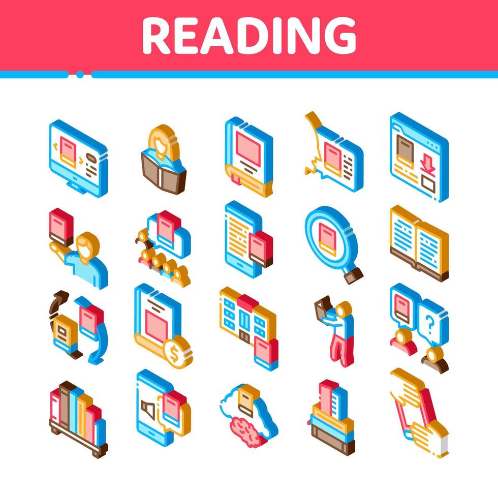 Reading Library Book Isometric Icons Set Vector