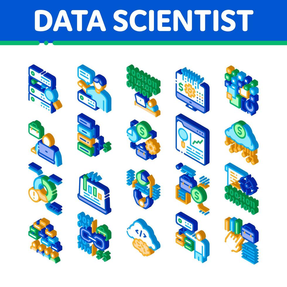 vector de conjunto de iconos isométricos de trabajador científico de datos