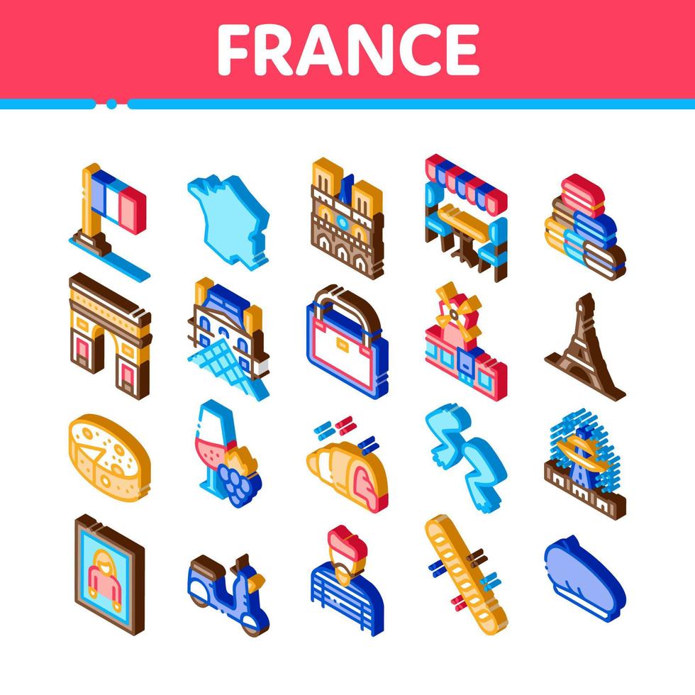 vector de conjunto de iconos isométricos de viaje de país de francia