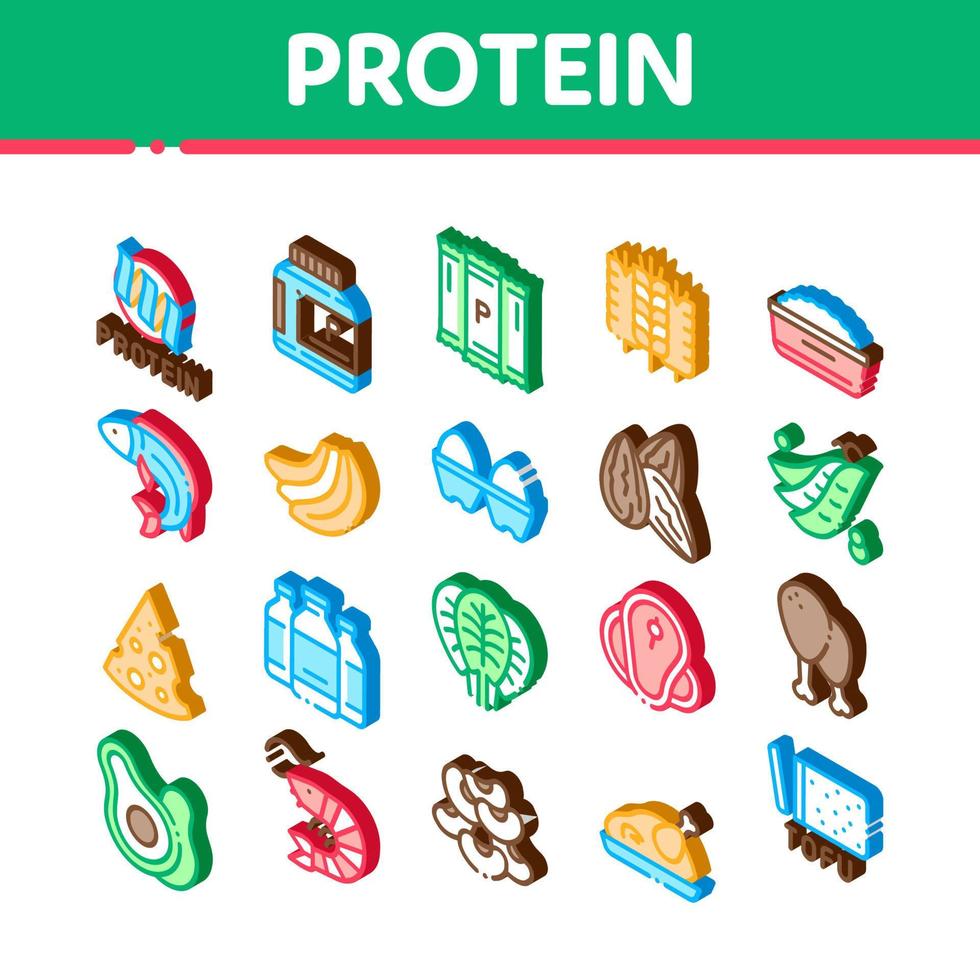 conjunto de iconos isométricos de nutrición de alimentos proteicos vector