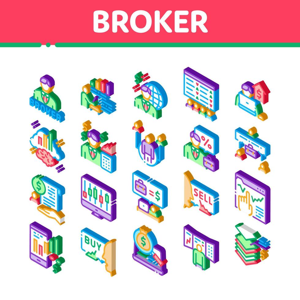 Broker asesoramiento negocio iconos isométricos establecer vector