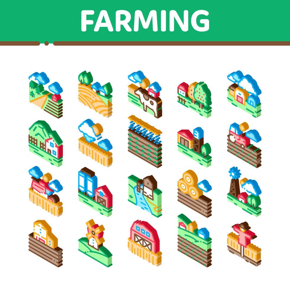 Farming Landscape Isometric Icons Set Vector