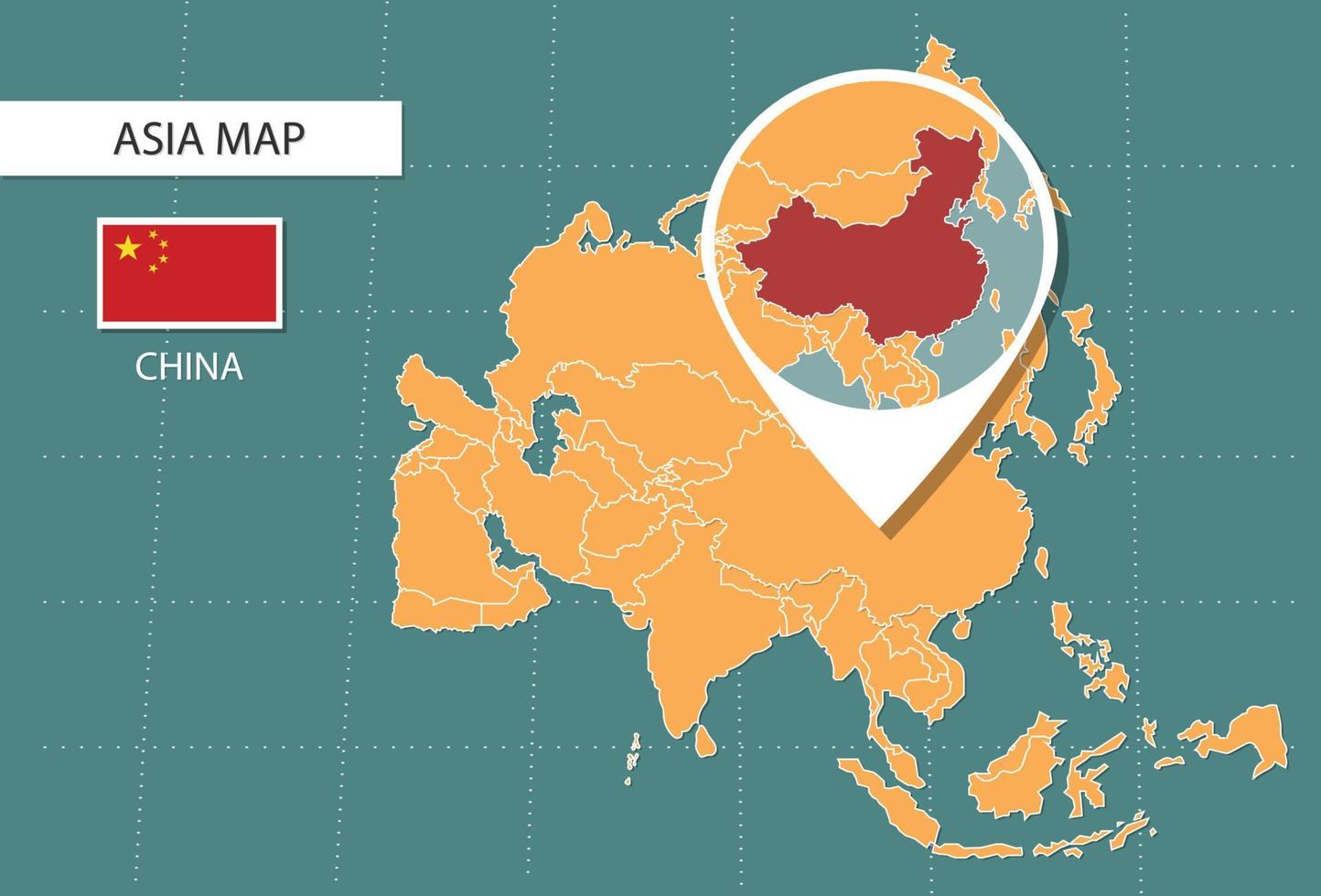 mapa de china en la versión de zoom de asia, íconos que muestran la ubicación y las banderas de china. vector