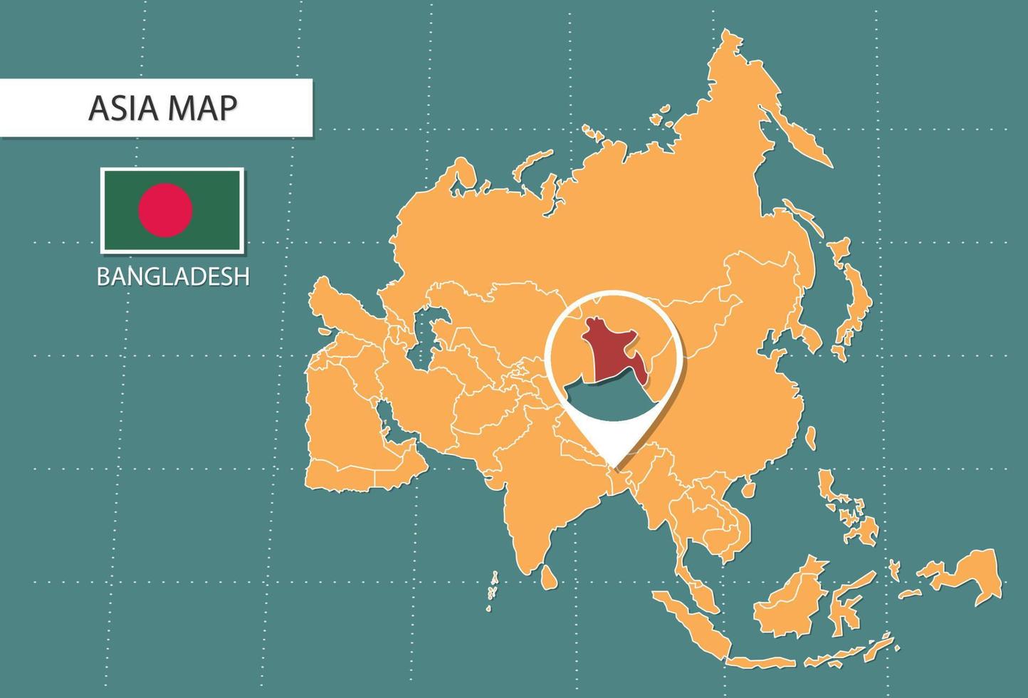 Bangladesh map in Asia zoom version, icons showing Bangladesh location and flags. vector