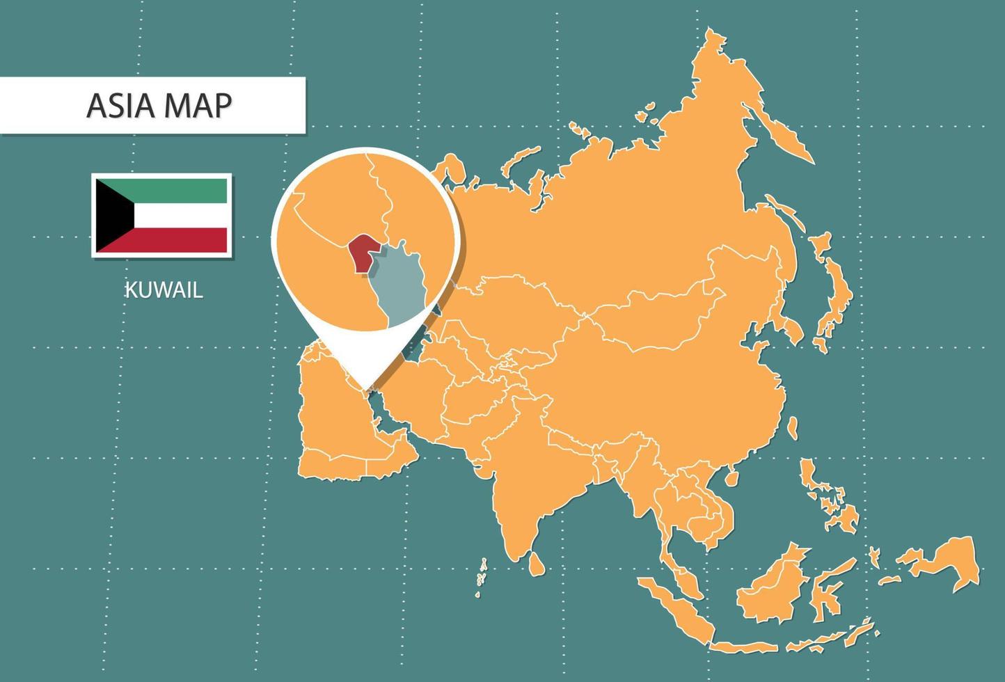 mapa de kuwait en la versión de zoom de asia, iconos que muestran la ubicación y las banderas de kuwait. vector