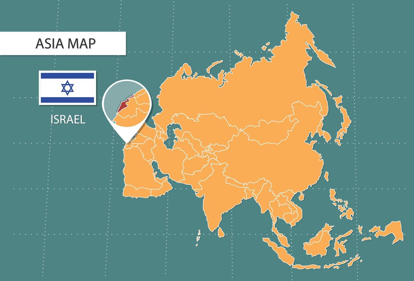 Israel map in Asia zoom version, icons showing Israel location and flags. vector