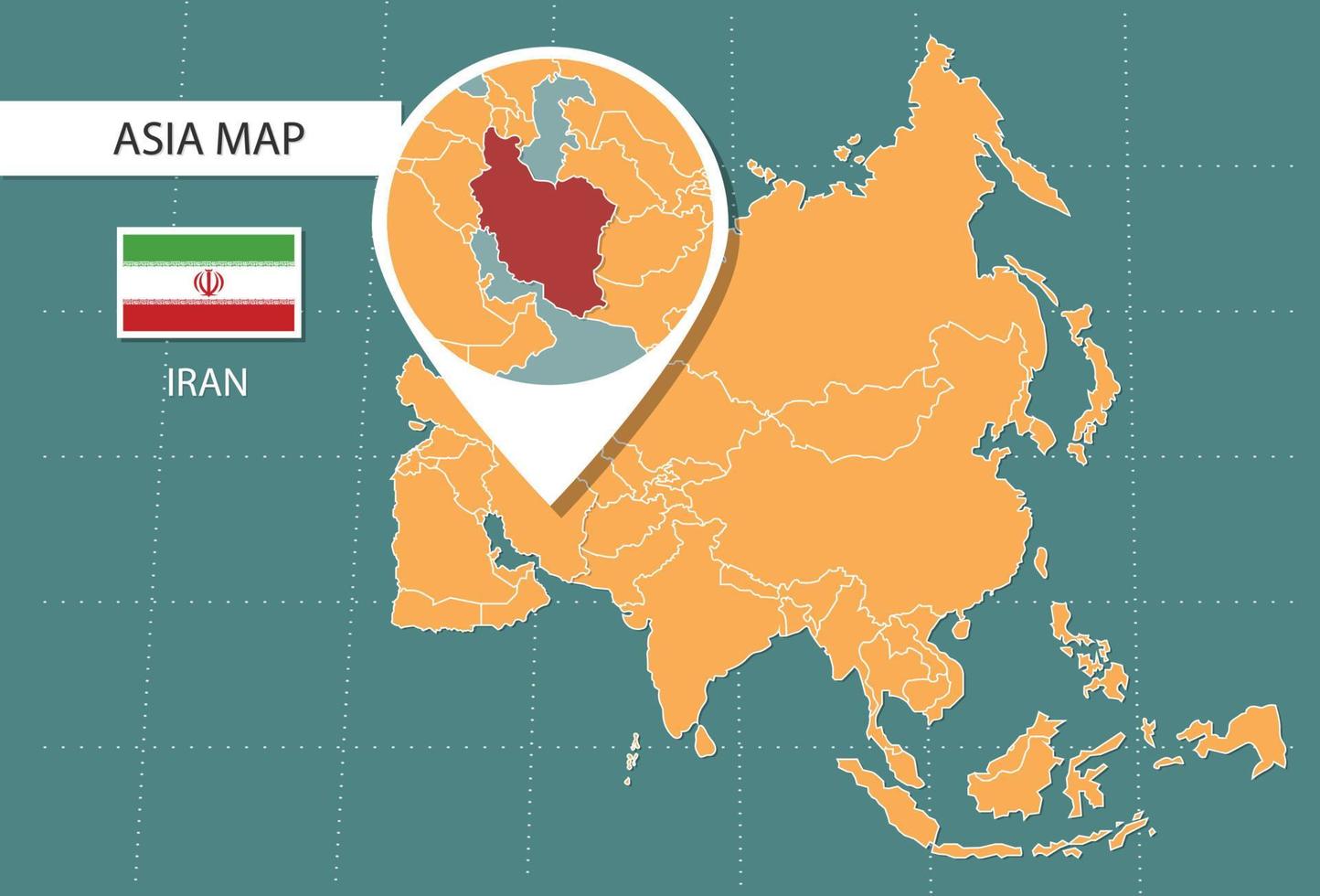 mapa de irán en la versión de zoom de asia, íconos que muestran la ubicación de irán y banderas. vector