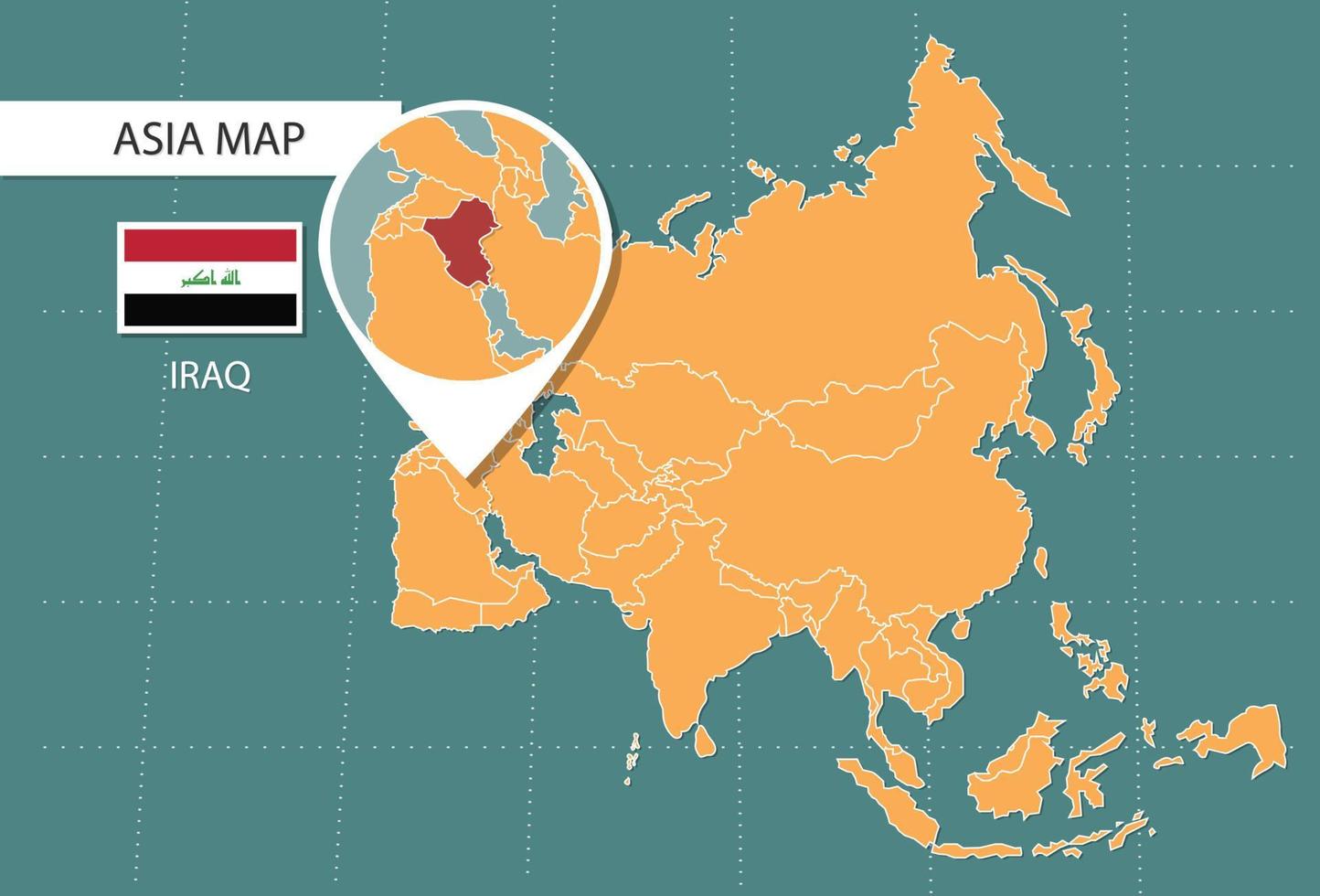 mapa de irak en la versión de zoom de asia, iconos que muestran la ubicación y las banderas de irak. vector